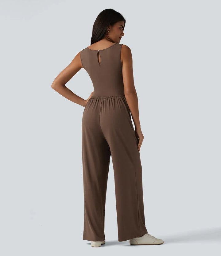 Båtringad ärmlös rynkat vida ben vardaglig jumpsuit med fickor-Easy Peezy Edition