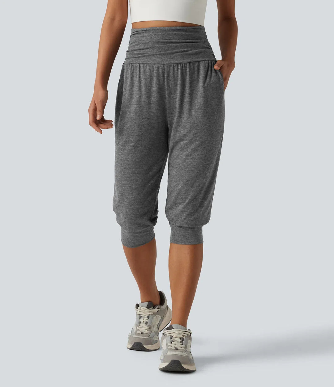Högmidjad rynkat melerad yoga pedal pushers joggers med fickor