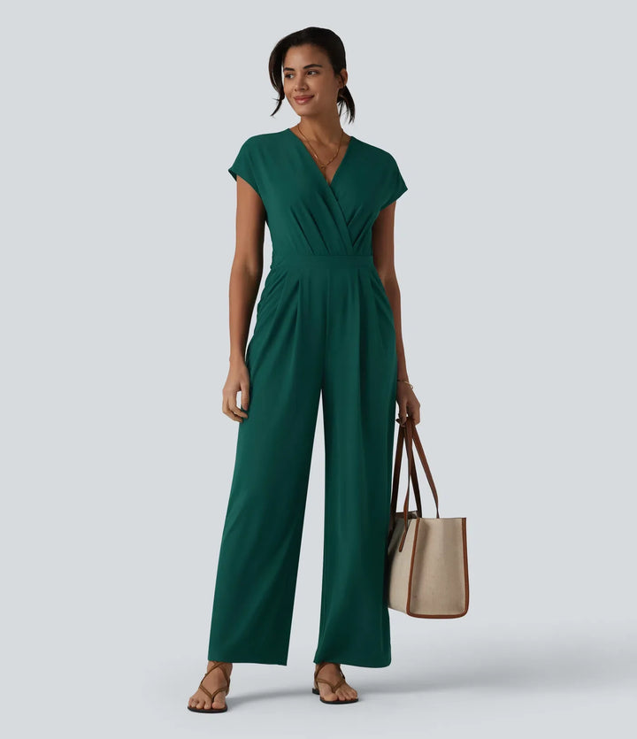 V-ringad kortärmad crossover knyt veckad arbetsjumpsuit med fickor-Easy Peezy
