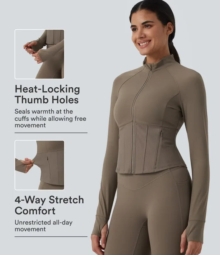 Lyckera UltraSculpt InstantCool ståkrage raglan tumhål rundad fåll yogajacka med fickor
