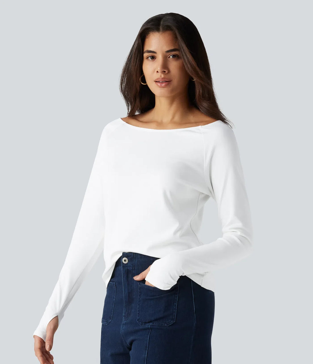 Båtringning långärmad tumhål för vardag pimabomull T-shirt