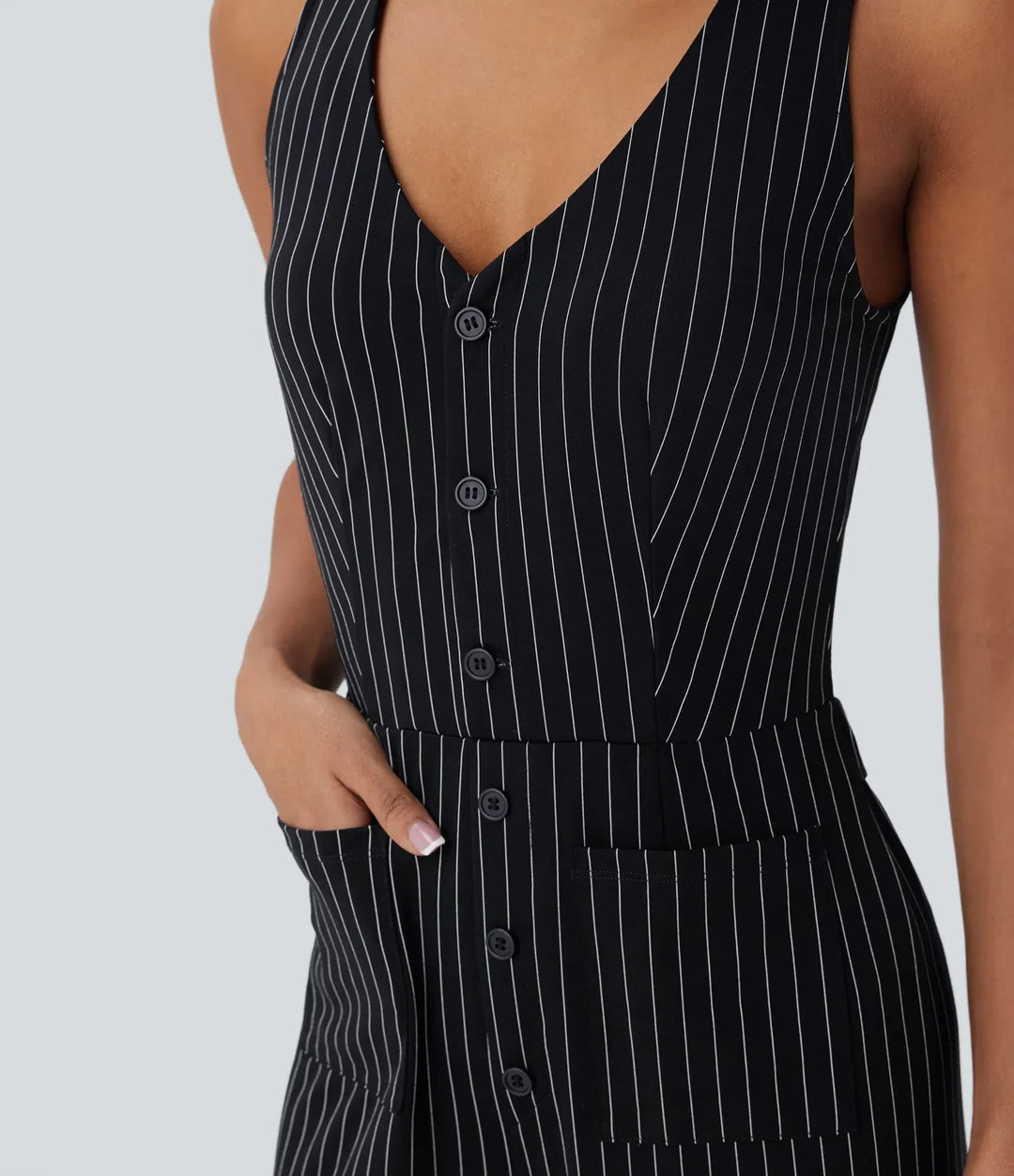 V-ringad ärmlös skuren-ut fickor vida ben randig InstantCool arbetsjumpsuit