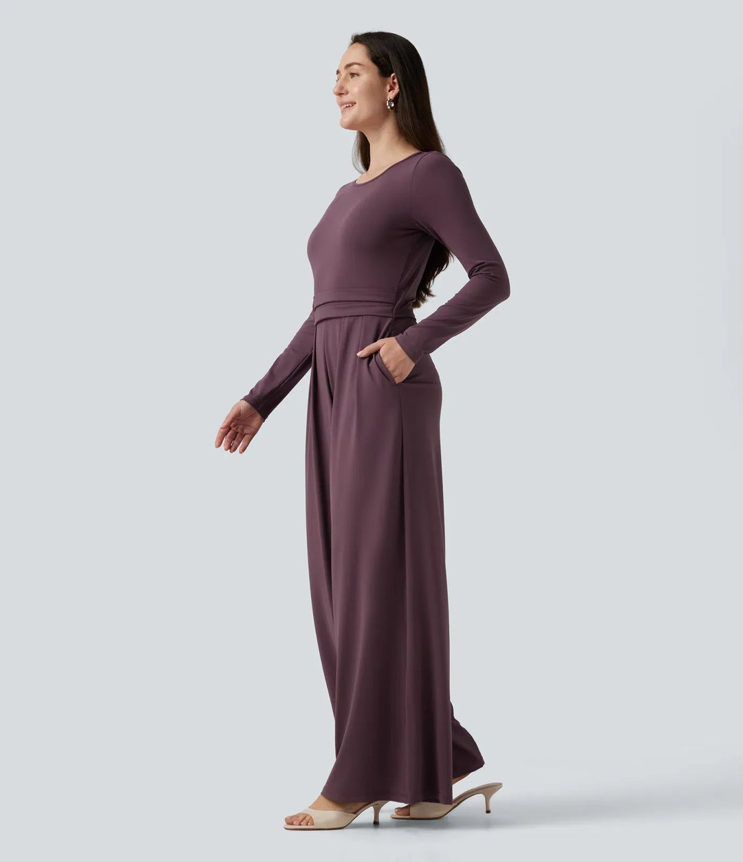 Rund hals långärmad vida ben vardaglig jumpsuit med fickor-Easy Peezy Edition
