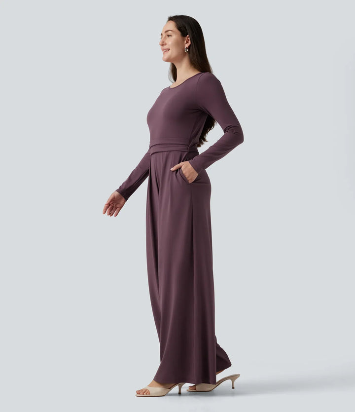 Rund hals långärmad vida ben vardaglig jumpsuit med fickor-Easy Peezy Edition