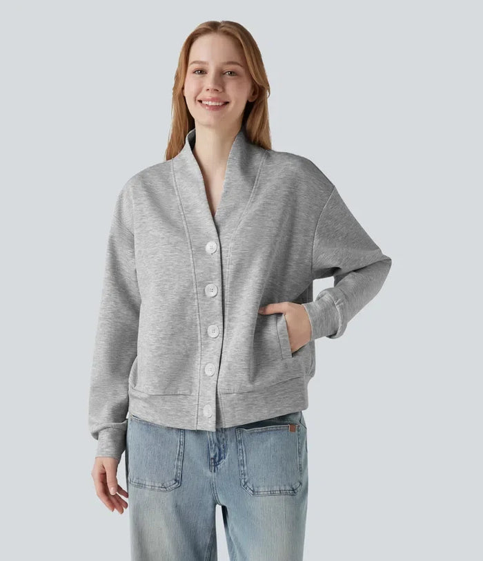 V-ringad långärmad knapp gylf vardaglig sweatshirt med fickor