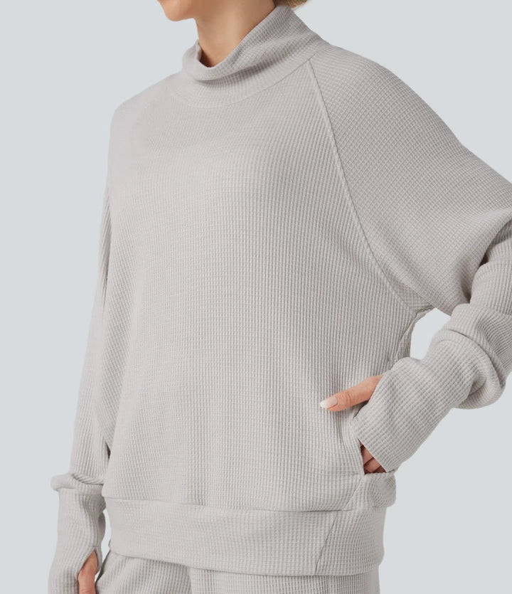 Hög hals långärmad tumhål oversized våffelstruktur vardaglig sweatshirt med fickor
