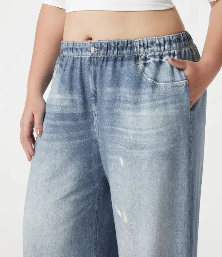 Plusstorlek med medelhög midja denim tryck French terry för vardag mjukisbyxor jeans med fickor