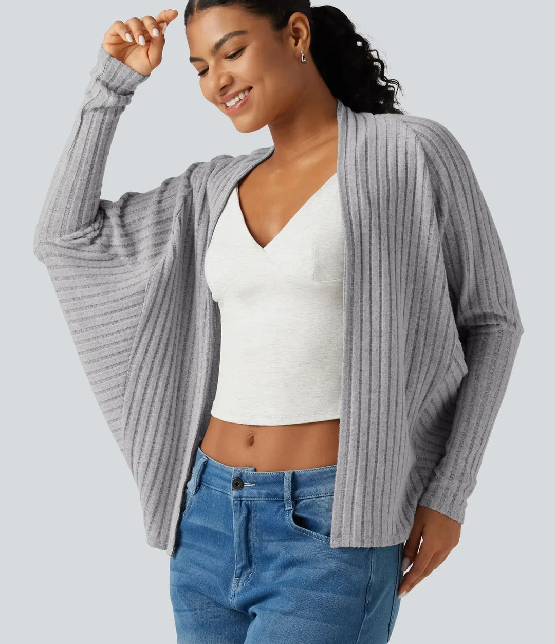 Ribbstickad öppen front lång fladdermusärm vardaglig cardigan
