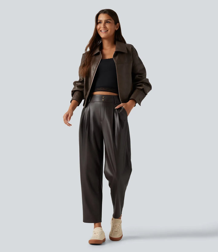 Högmidjad avsmalnande stretchig PU fleece vardagsbyxor med fickor