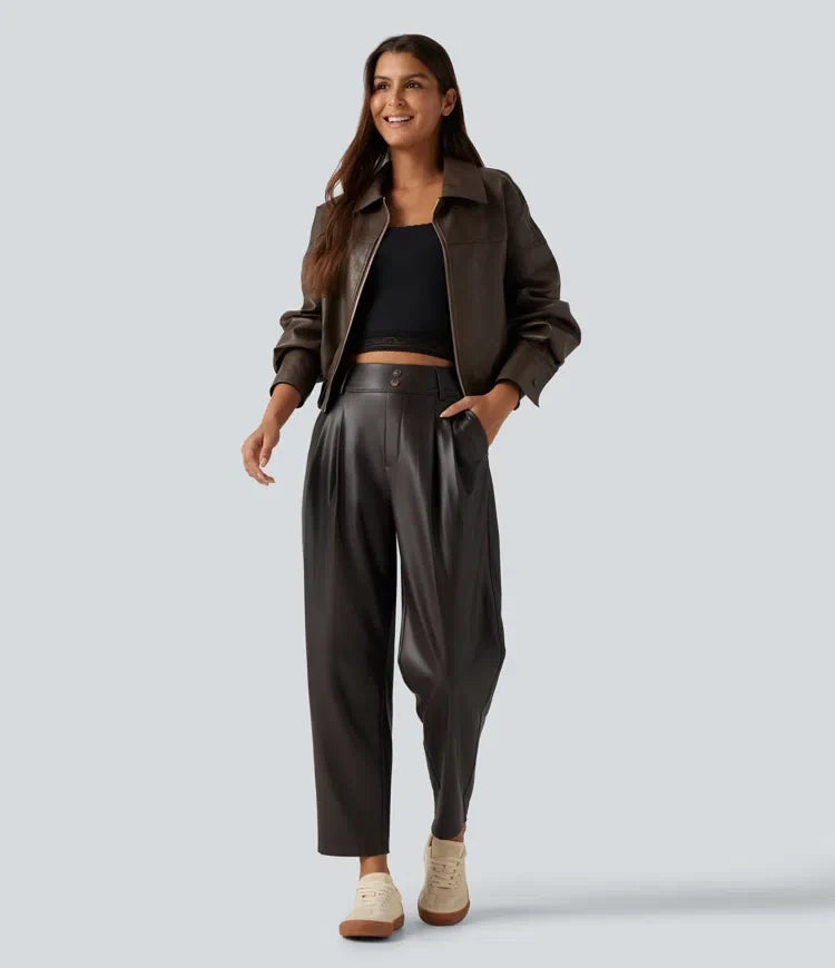 Högmidjad avsmalnande stretchig PU fleece vardagsbyxor med fickor