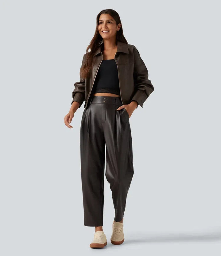 Högmidjad avsmalnande stretchig PU fleece vardagsbyxor med fickor