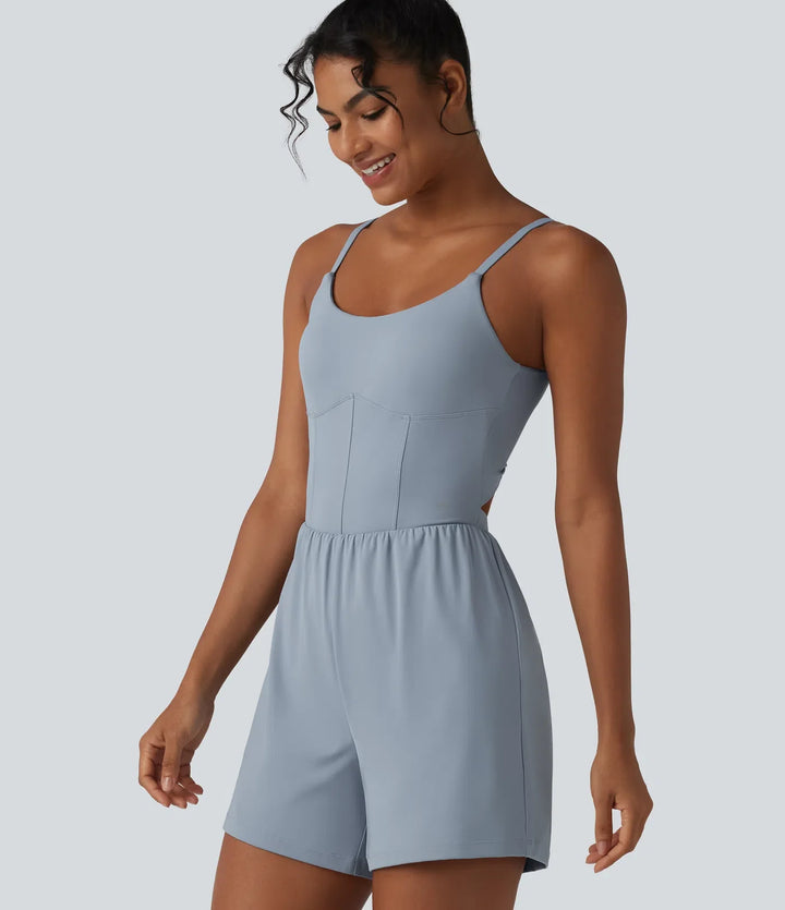 SoftlyZero luftig vriden rygglös justerbara axelband 2-i-1 inbyggd BH InstantCool yoga playsuit med ficka-Easy Peezy