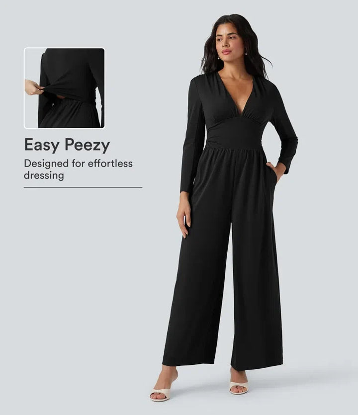 V-ringad långärmad rynkat jumpsuit med fickor-Easy Peezy Edition