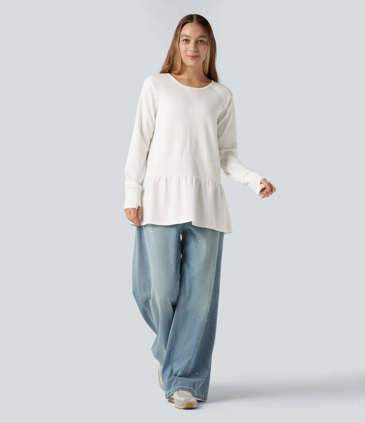 Rund hals långärmad tumhål volangfåll vardaglig sweatshirt