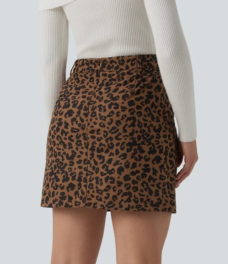 Med hög midja 2-i-1 leopardmönstrad mini vardagskjol med ficka – längre modell