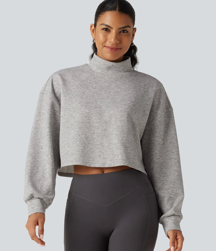 Halvpolo långärmad avslappnad croppad vardaglig sweatshirt