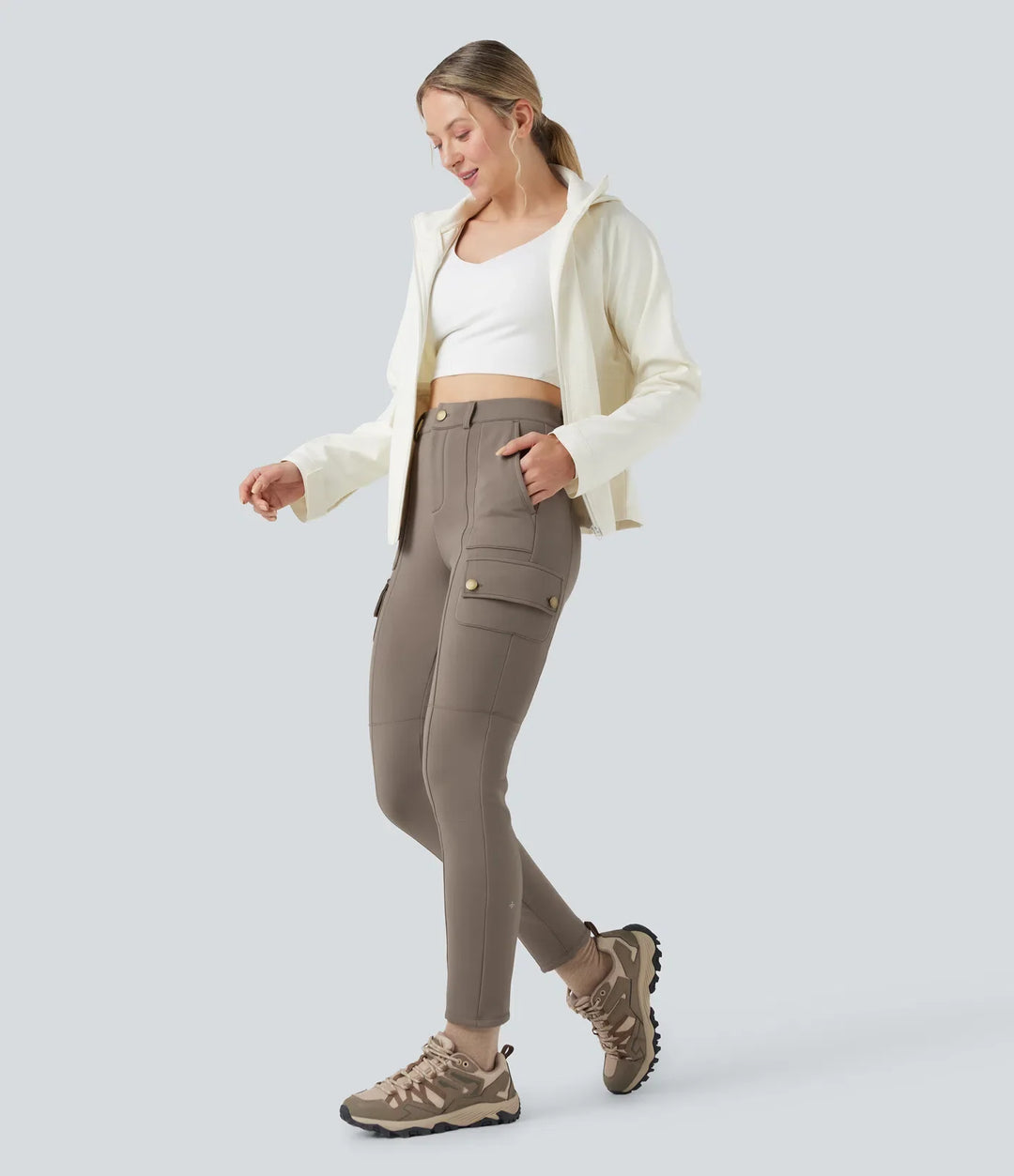 Högmidjad skinny fleece vandring cargo byxor med fickor