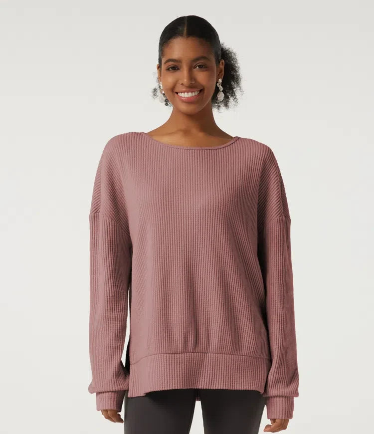 Rund hals långärmad slits fåll vardaglig sweatshirt