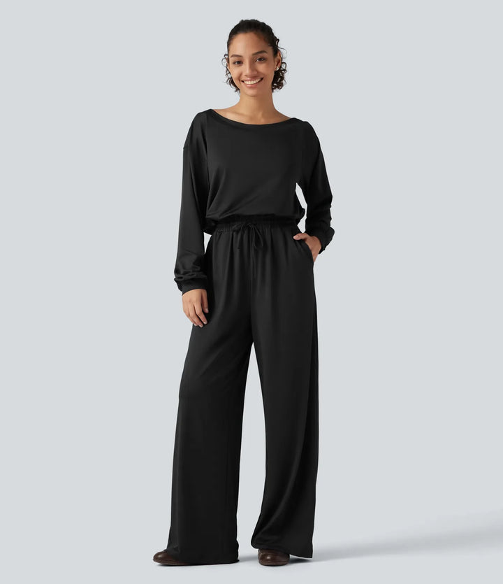 Enaxlad långärmad dragsko baggy vardaglig jumpsuit med fickor-Easy Peezy Edition