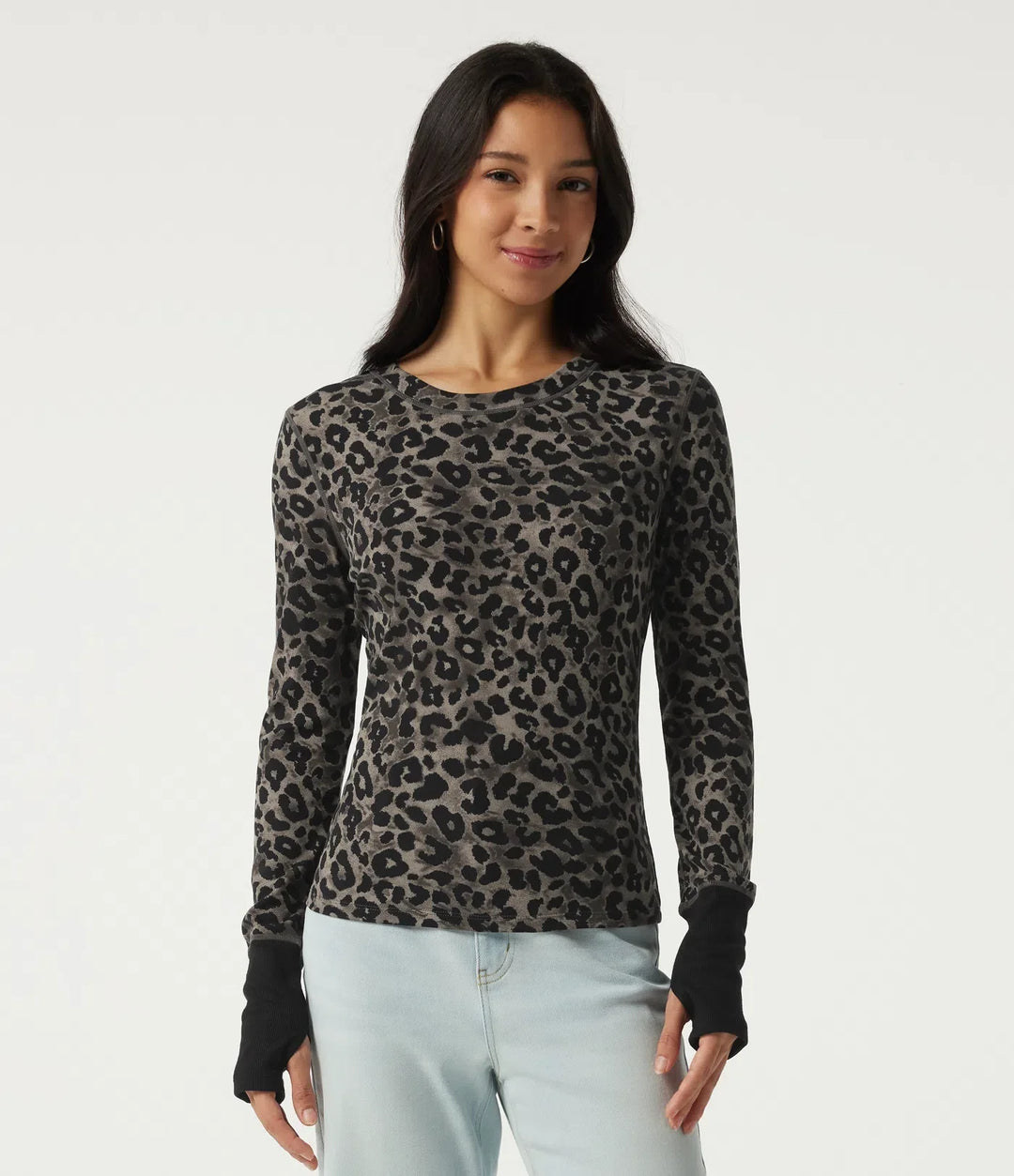 Rund hals leopardmönster långärmad vardaglig T-shirt med tumhål