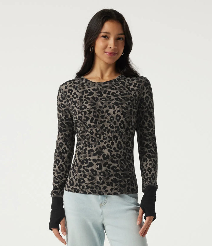 Rund hals leopardmönster långärmad vardaglig T-shirt med tumhål