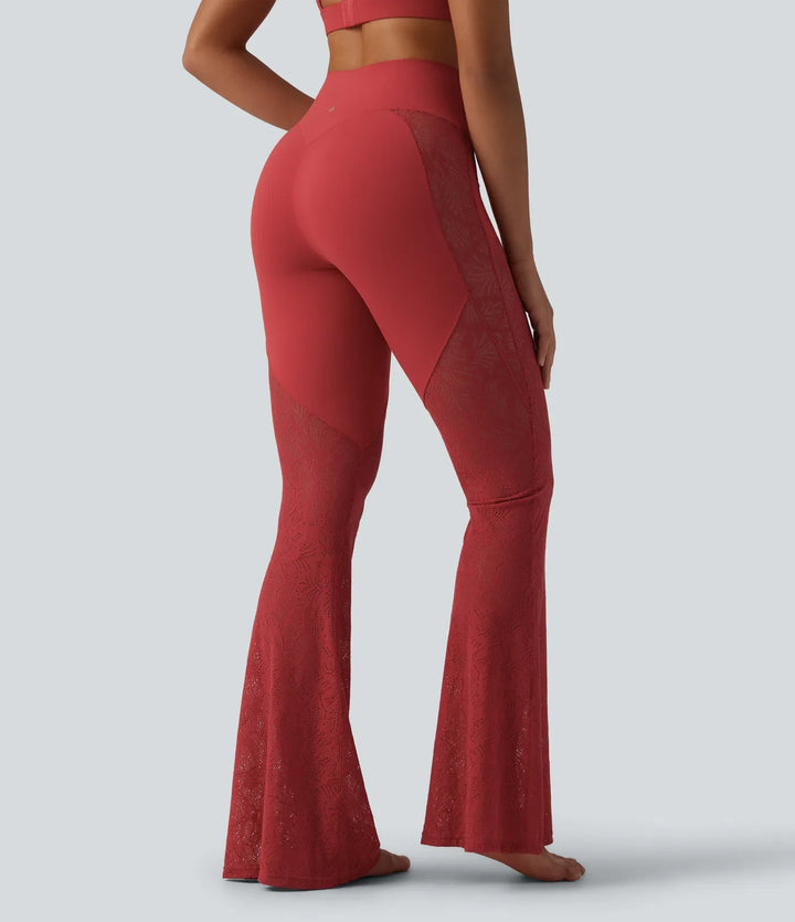 Lyckera UltraSculpt högmidjad magkontroll kontrastspets yoga utsvängd leggings med ficka
