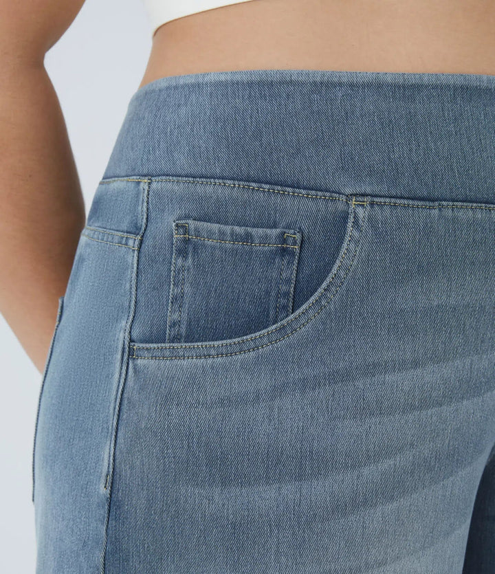 Lyckera Flex högmidjad fickor baggy vida ben tvättad vardaglig plusstorlek jeans