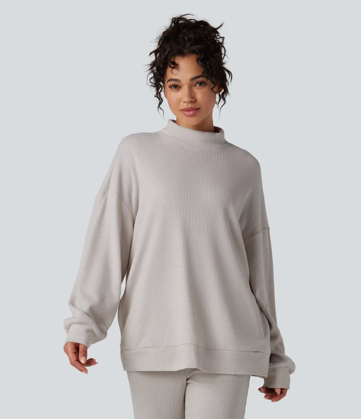 Halvpolo långärmad avslappnad våffelstruktur vardaglig sweatshirt med fickor