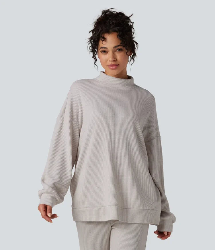 Halvpolo långärmad avslappnad våffelstruktur vardaglig sweatshirt med fickor