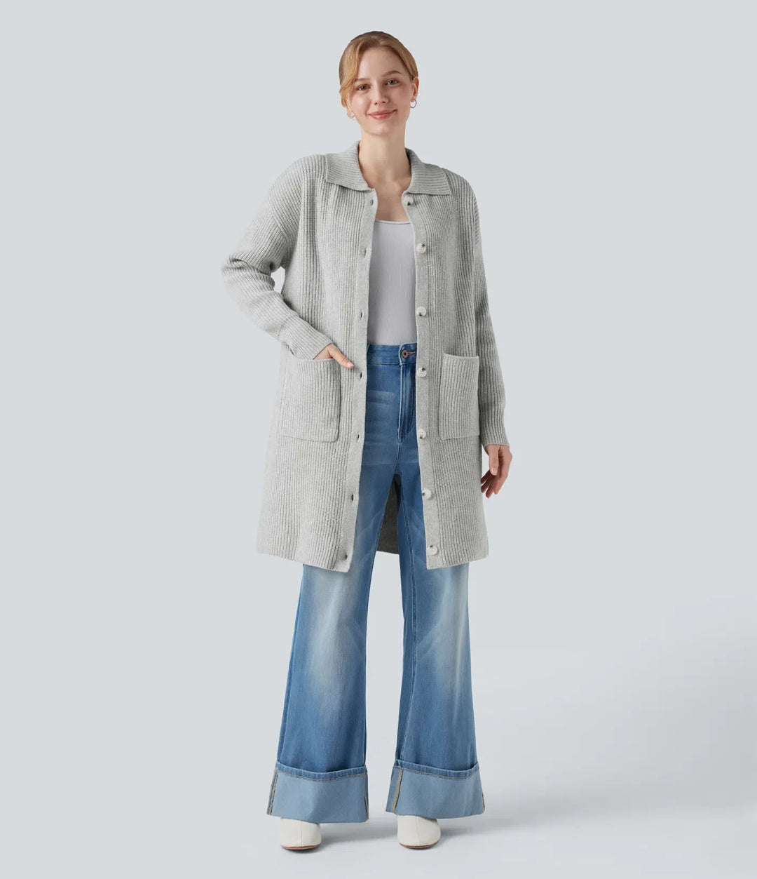 Krage långärmad knapp gylf vardaglig lång modell cardigan med fickor