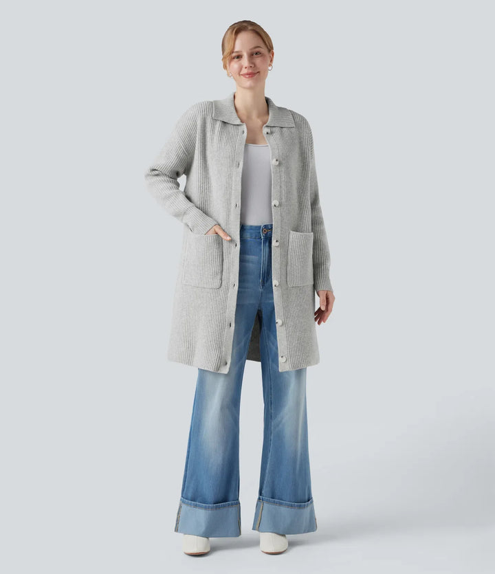 Krage långärmad knapp gylf vardaglig lång modell cardigan med fickor
