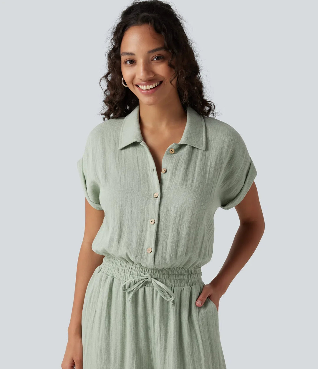 Kortärmad dragsko baggy vardaglig linnekänsla jumpsuit med fickor