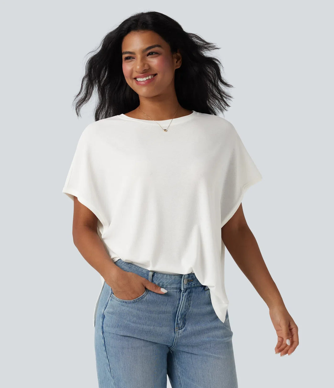 Rund halsringning fladdermus ärm avslappnad T-shirt för vardag