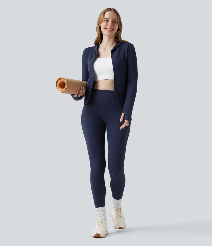 OneForm sömlös flow våffelstruktur med huva långärmad tumhål dragkedja yogajacka med fickor
