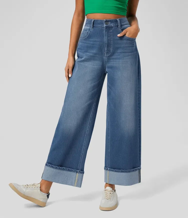 Halara Flex med hög midja och fickor upprullad fåll vida ben tvättad vardagsjeans