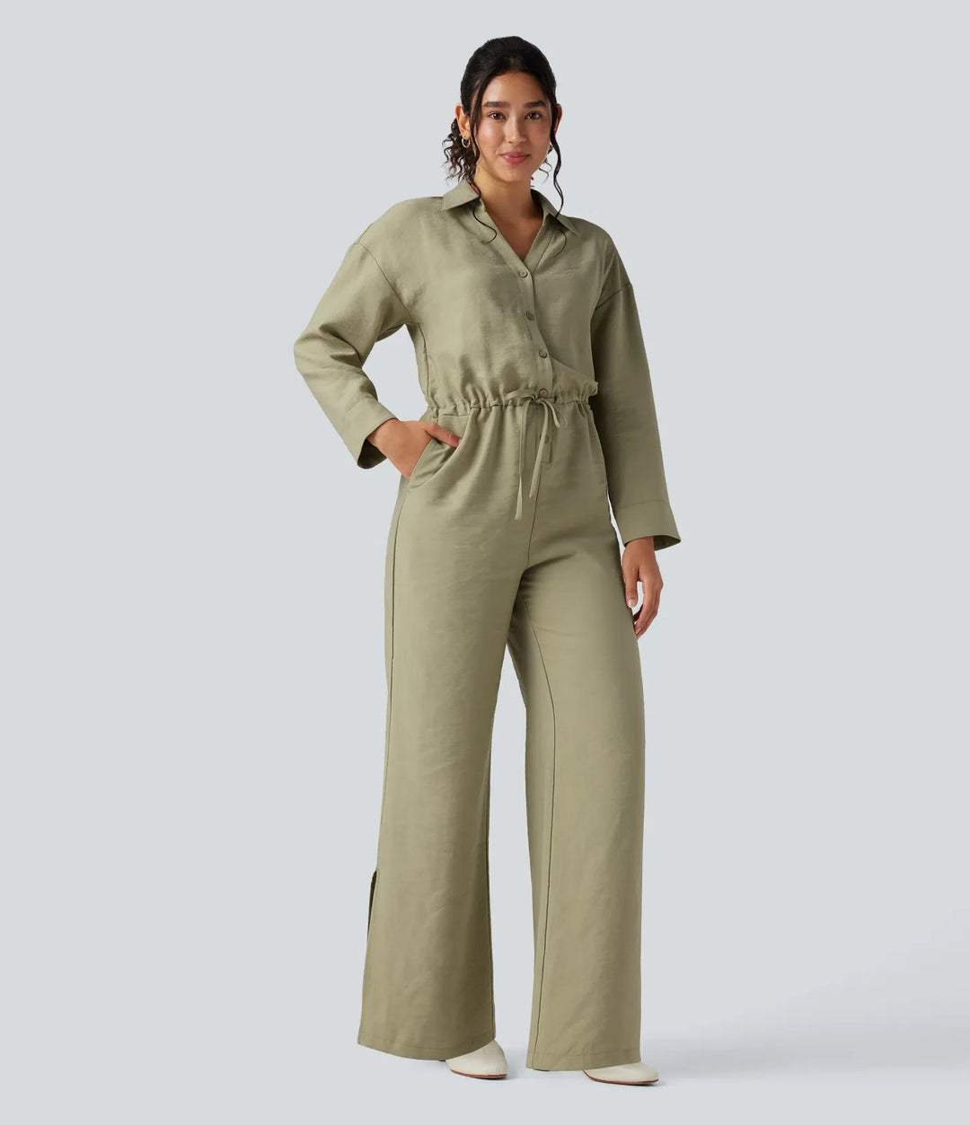 Långärmad dragsko vida ben arbetsjumpsuit med fickor