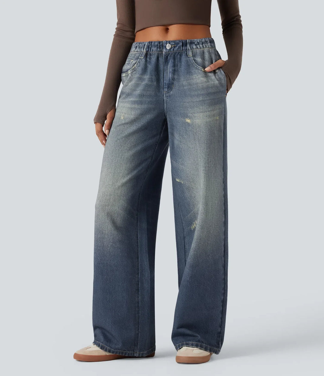 Med medelhög midja denim tryck French terry för vardag mjukisbyxor jeans med fickor