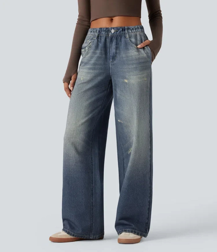Medelhög midja denim mönster frotté vardaglig mjukisbyxor jeans med fickor
