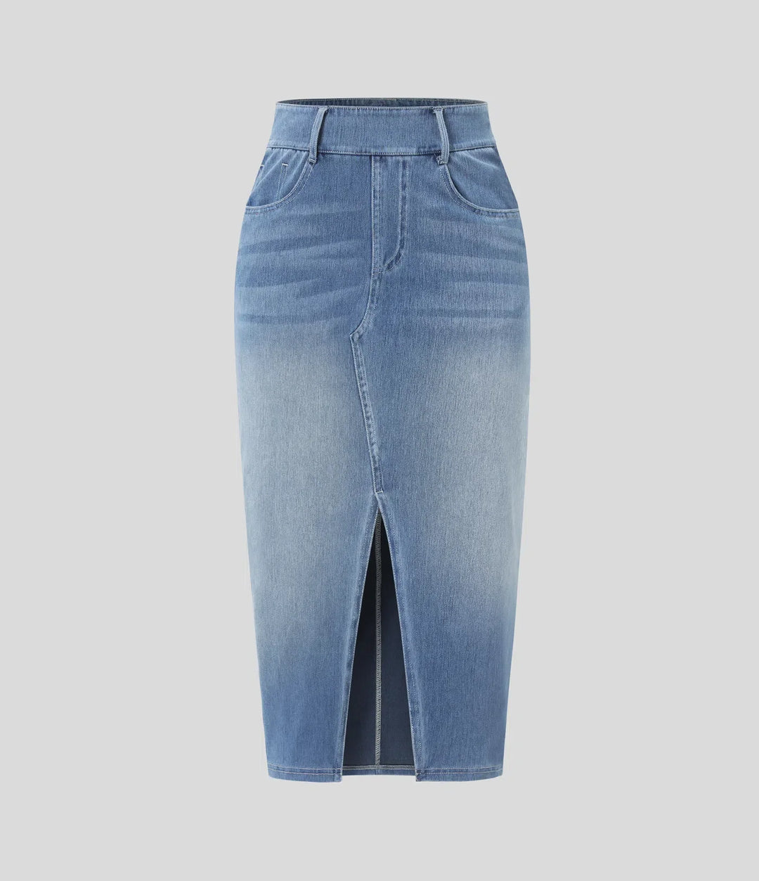 Halara Flex med hög midja och fickor figurnära tvättad denim för vardag midi kjol