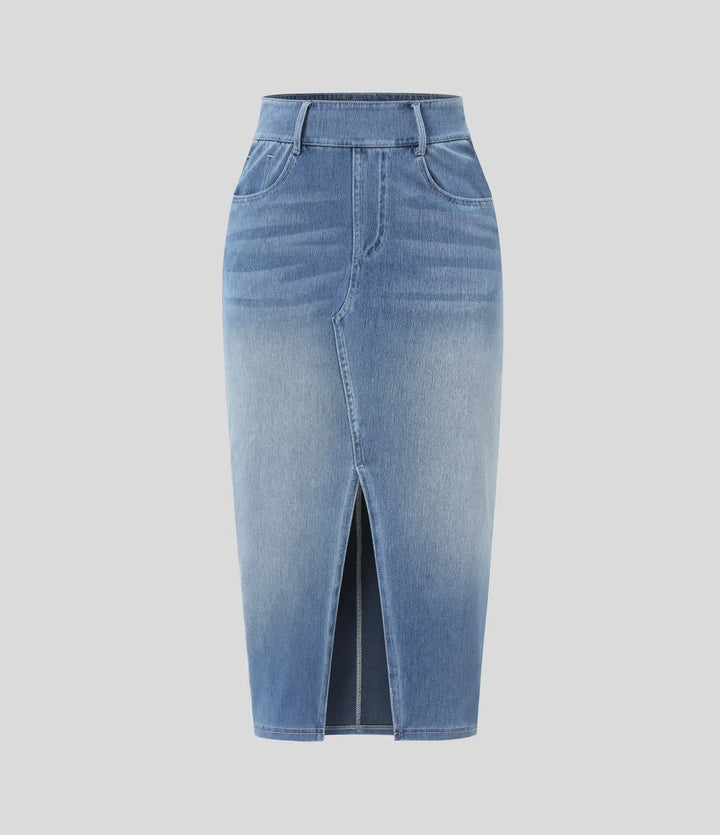Halara Flex med hög midja och fickor figurnära tvättad denim för vardag midi kjol