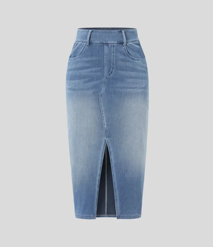 Halara Flex med hög midja och fickor figurnära tvättad denim för vardag midi kjol