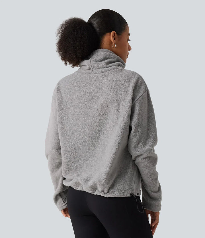Hög hals dragsko långärmad rynksöm i fållen fleece vardaglig sweatshirt