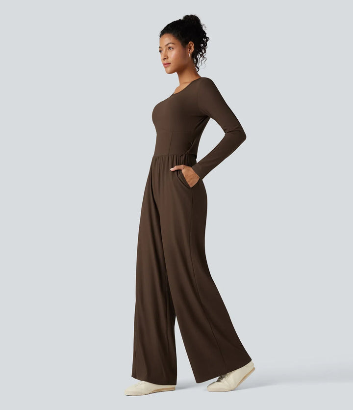 Ribbad rund hals långärmad korsett vardaglig jumpsuit med fickor-Easy Peezy Edition