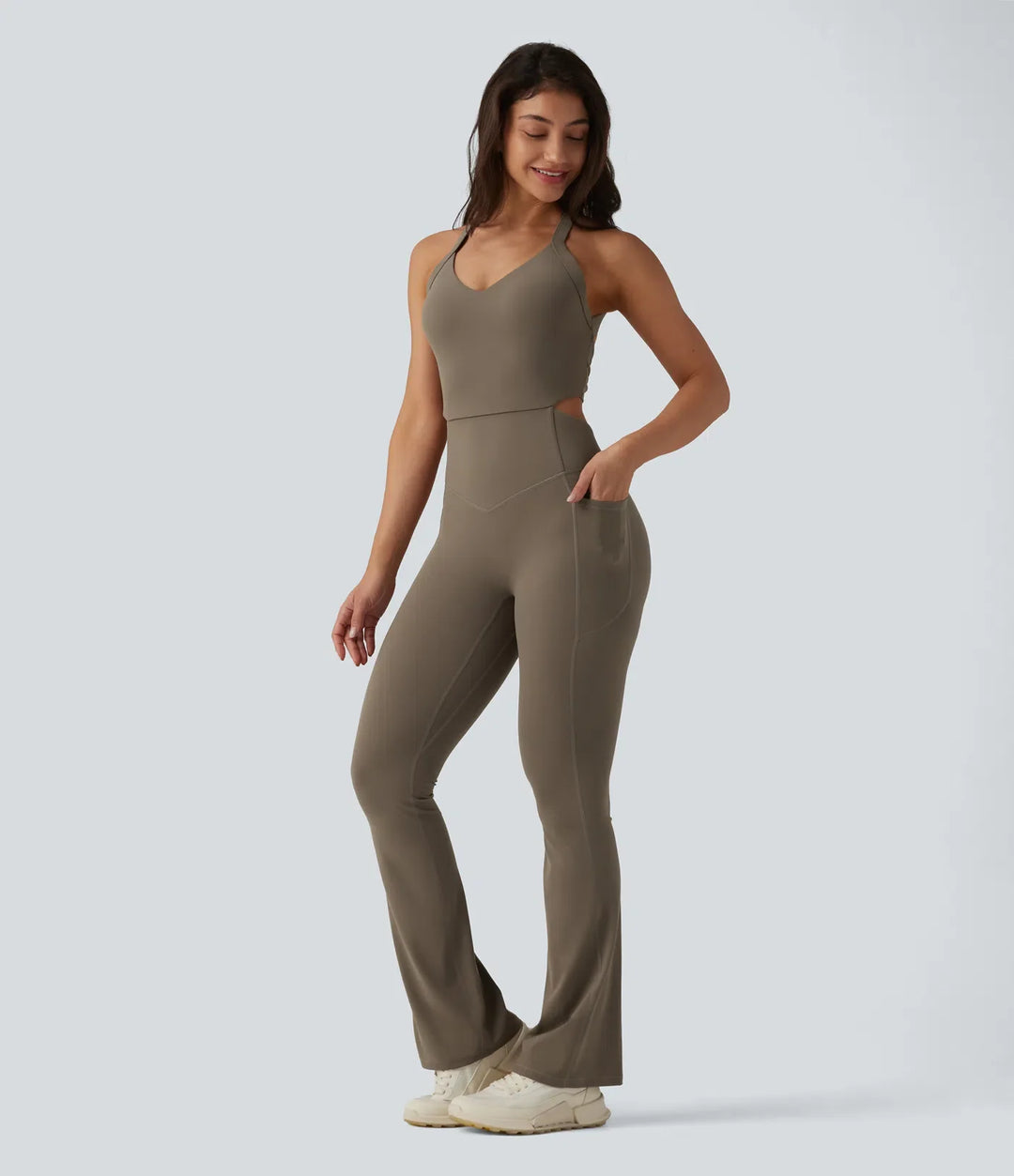 Lyckera UltraSculpt vriden rygglös magkontroll rumplyftande bootcut träning jumpsuit med fickor-Easy Peezy Edition