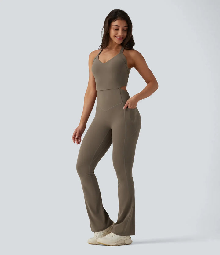 Lyckera UltraSculpt vriden rygglös magkontroll rumplyftande bootcut träning jumpsuit med fickor-Easy Peezy Edition