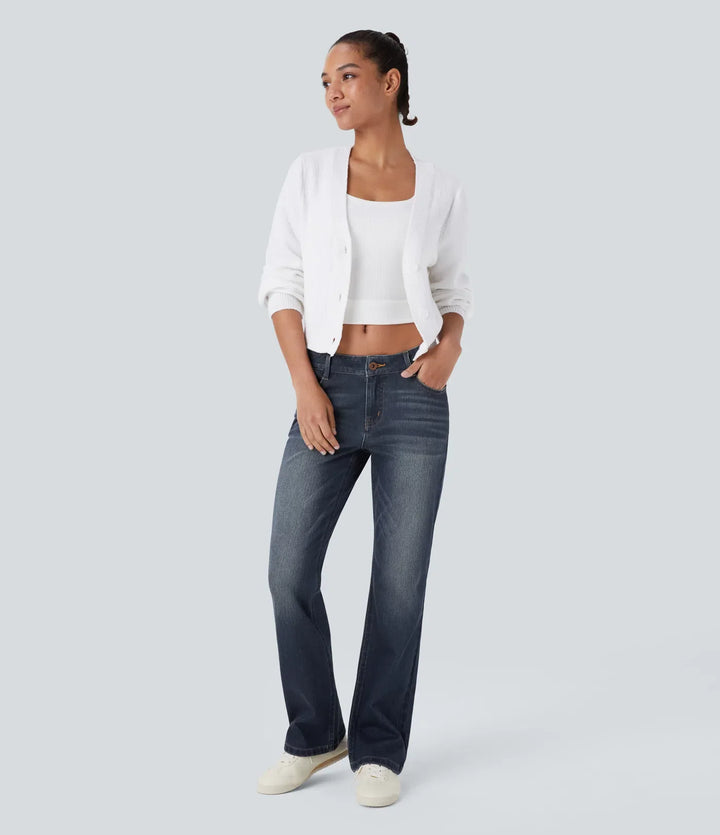 Halara Flex med låg midja dragkedja fickor tvättad för vardag bootcut jeans
