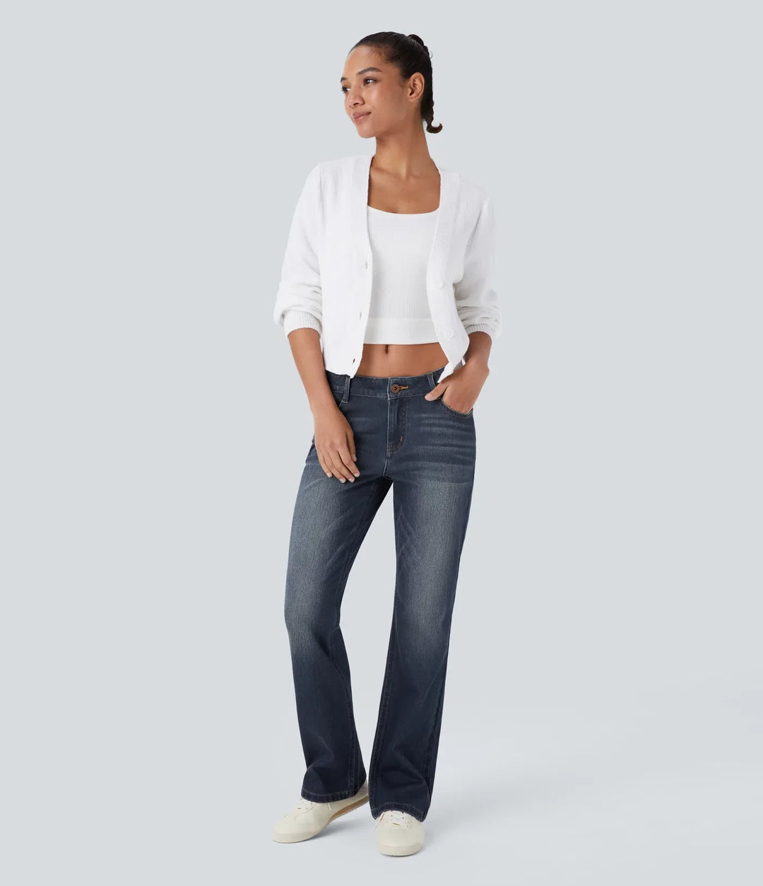 Lyckera Flex låg midja dragkedja fickor tvättad vardaglig bootcut-jeans