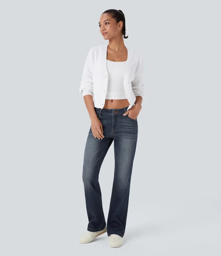 Halara Flex med låg midja dragkedja fickor tvättad för vardag bootcut jeans