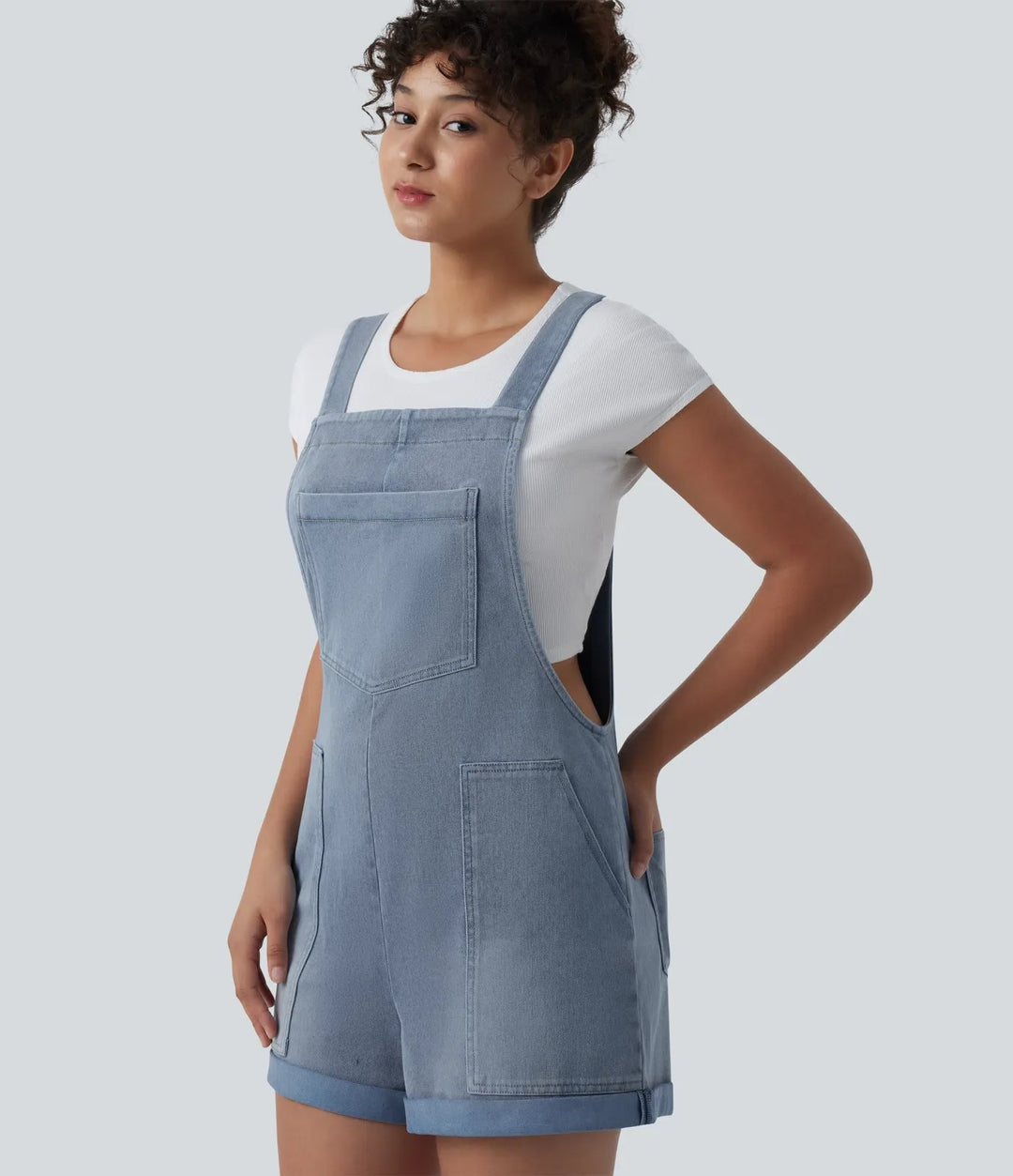 Lyckera Flex fyrkantig halsringning upprullad fåll denim vardaglig kort overall med fickor