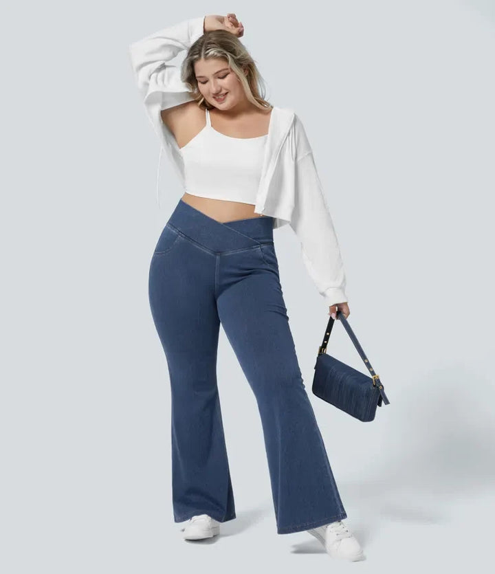 Halara Flex med hög midja, omlottmidja och ficka tvättad vardagsjeans i plusstorlek